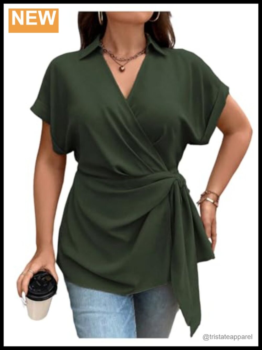 Plus Size Wrap Blouse V Neck Tie Side Short Sleeve